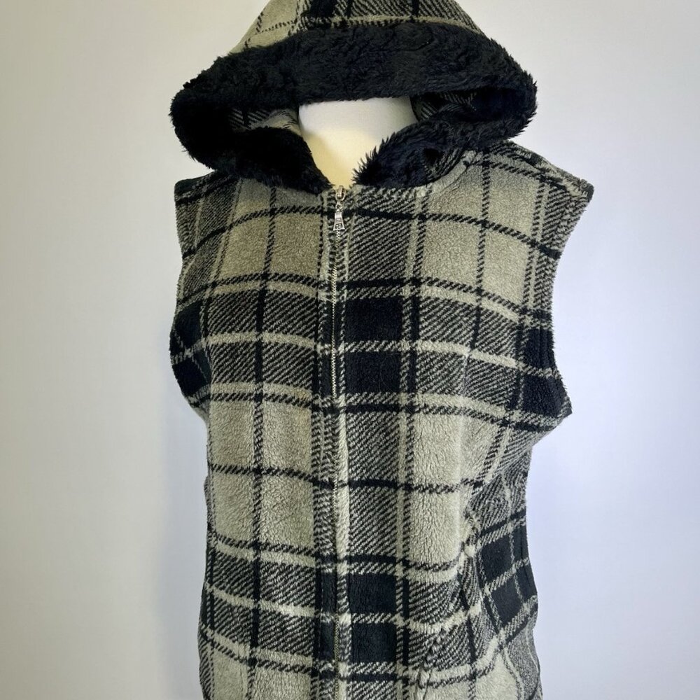 True Grit Sherpa Fleece Grey Plaid Hooded Sweater Vest Large Winter Western